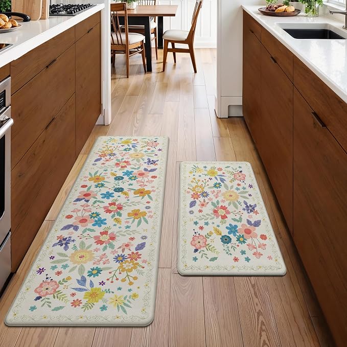 GENIMO Anti Fatigue Kitchen Mats for Floor 2PCS, Cushioned Standing Mats | 17.3"x59"&17.3"x30", SoftWhite vintage floral rug set, waterproof, non slip, easy-clean for farmhouse