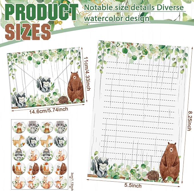 TaoBary 160Pcs Stationery Paper Set 50 Double Sided Stationery Papers with 50 Matching Envelopes and 60 Round Dot Sticker, 10Design (Woodland Animal,5.5 x 8.25 Inch)