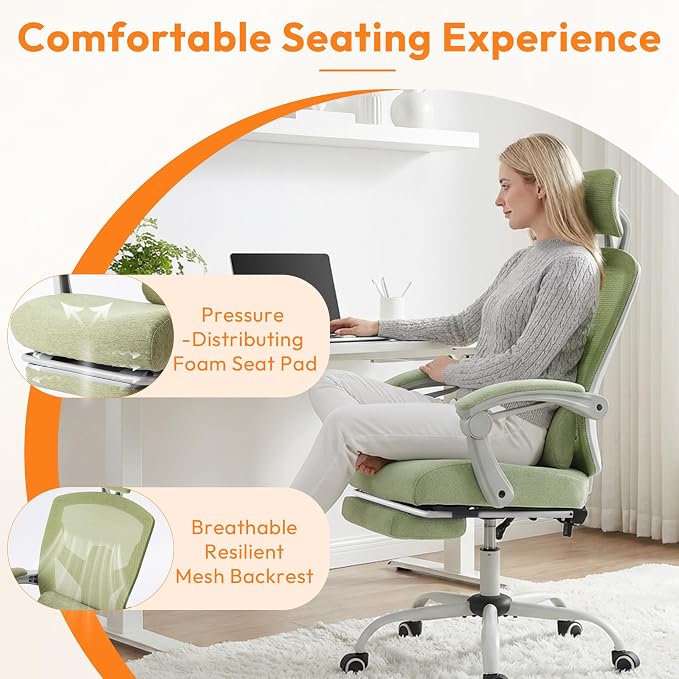 Home Office Desk Chair, Comfortable Mesh Chair with Foot Rest, Green | Reclining Gaming Chair with Headrest and Lumbar Support, 90°-130° Reclining, Silent Swivel