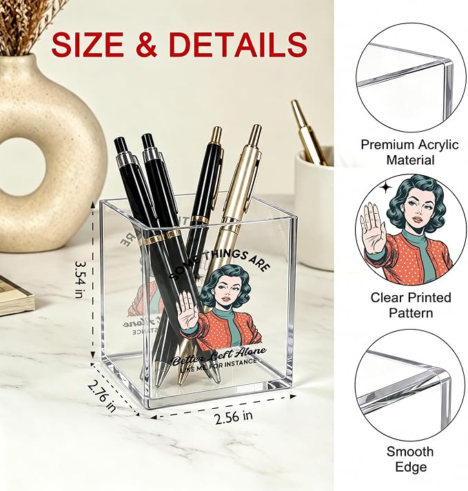 Leave Me Alone Funny Acrylic Cosmetic Pen Pencil Holder Cup, Vintage Pin Up Girl Pencil Organizer, Cute Unique Office Desk Accessories, Retro Sarcastic Gifts for Women Colleagues（A01）