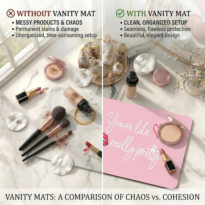 DOUDIZHU Makeup Mat for Vanity, Dual-Sided Vanity Top Protector Mat Waterproof Dressing Desk Makeup Table Cover Mat You're Like Really Pretty (Baby Pink/Silver, 23.6"x11.8")