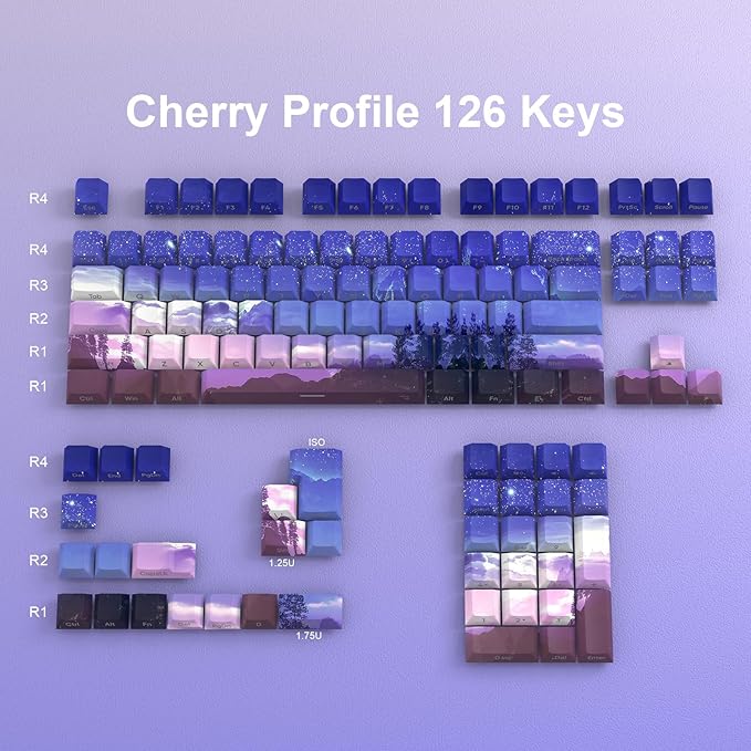 JSJT PBT Keycaps Side-Printed Keycap Set Double Shot Shine Through Custom Keycap 126 Keys Cherry Profile Gradient Purple Dawn Themed Keycaps for Cherry Mx Switchs Mechanical Keyboard