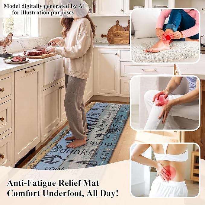 HEBE Anti Fatigue Kitchen Rugs Set of 2, Non Slip Cushioned Kitchen Mats for Floor, Waterproof Farmhouse Comfort Standing Desk Mat for Kitchen Sink,Office,Laundry