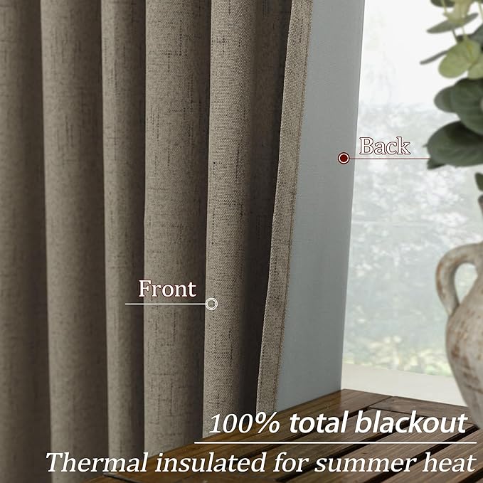 KOUFALL Soundproof Blackout Curtains 90 Inch Long Linen Black Out Noise Reducing Curtains for Bedroom Living Room 52x90 in Length 2 Panels Set,Light Brown Dark Taupe