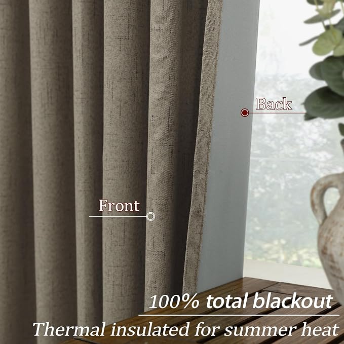 Taupe Brown Linen Blackout Curtains for Bedroom, 84 Inch Long Black Out Vintage Farmhouse Curtain for Living Room, Boho Thick Thermal Insulated Curtains for Summer Drapes 84 Length 2 Panels Set