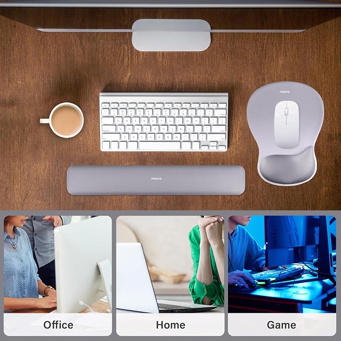 MOSISO Wrist Rest Support for Mouse Pad&Keyboard Set, Ergonomic Mousepad with Concave Curved Memory Foam, Non-Slip Base Pain Relief Comfortable Rectangular Easy Typing Pad for Home/Office, Gray