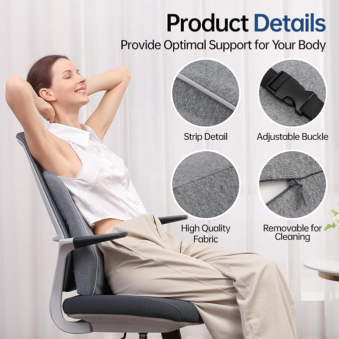 Plush Comfortable Memory Foam Lumbar Support Pillow - Soft Back Cushion for Office Chair, Car Seat, Gaming Chair - Ergonomic Lower Back Pain Relief with Adjustable Straps & Washable Cover-Grey