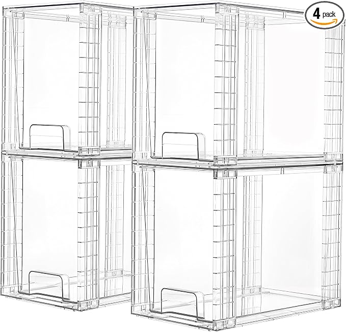 Vtopmart 4 Pack Clear Stackable Storage Drawers,9.7" High Plastic Organizers Bins for Skincare, Bathroom Supplies,Ideal for Cabinet,Undersink,Vanity,Kitchen,Pantry Organization