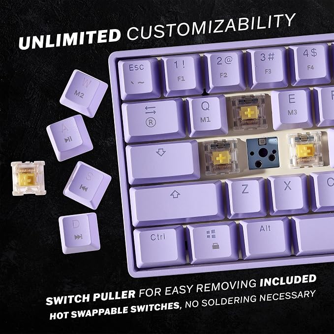 HK GAMING GK61 Mechanical Gaming Keyboard - 61 Keys Multi Color RGB Illuminated LED Backlit Wired Programmable for PC/Mac Gamer (Gateron Optical Brown, Lavender)
