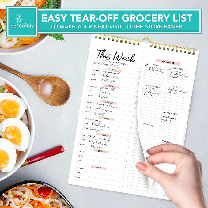 Decorably 52 Sheets Minimal Pink Undated Magnetic Weekly Meal Plan Grocery List Notepad with 4 Strong Magnets - 8.5x11in Spring-Bound, Refrigerator Mountable, Easy Tear-Off Design