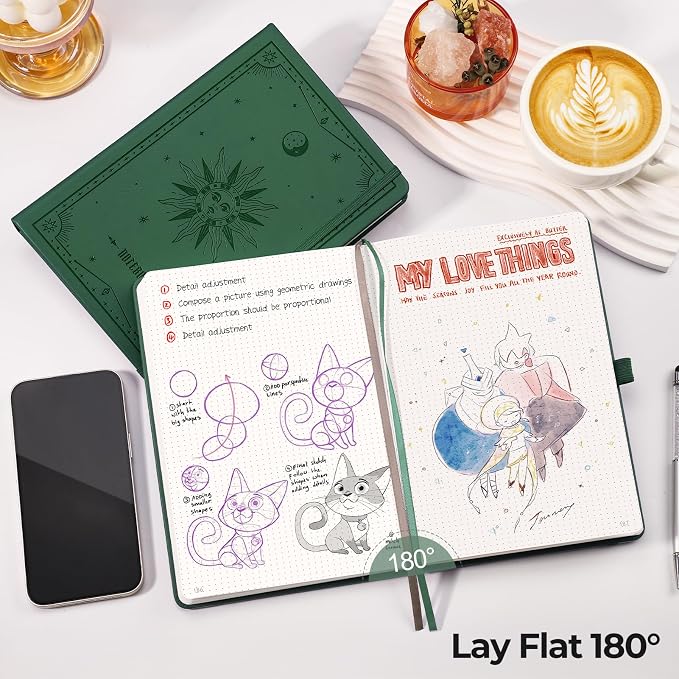 EMSHOI Dotted Journal Notebook, 320 Pages, A5 Small 5.75"x8.38", PU Leather Hardcover, 100 GSM Thick Paper, 5mm Dot Grid Notebook for Journaling, Planning, Drawing, Writing, Dark Green