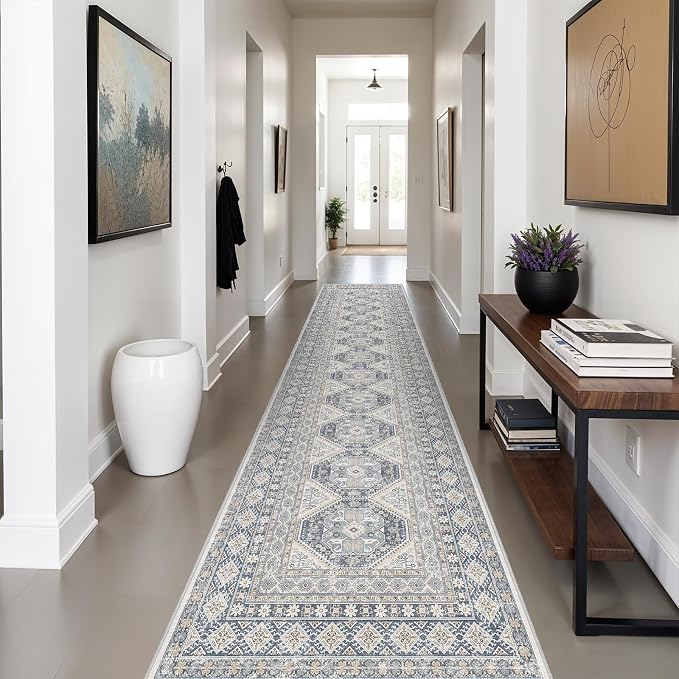 3x14 Runner Rug Kitchen Washable:Oriental Indoor Hallway Runners with Non Slip Backing Floor Mat for Entryway Door Low Pile Thin Carpet for Bedroom Bathroom Living Room Bedside (Blue, 3x14)