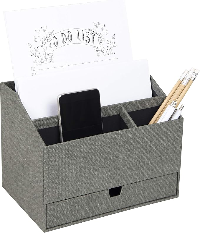Bigso Greta Desktop Organizer - Durable Office Desk Organizer for Office Supplies and Accessories - 4 Compartments and Drawer for Customized Organizing - 9.4in x 6.2in x 7.2in - Grey