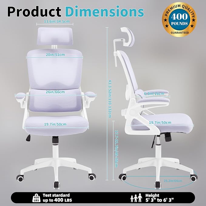 Ergonomic Office Chair,Mesh Office Chair with Lumbar Support,High Back Desk Chair with Flip-up Arms,400 lbs Big and Tall Computer Chair with Headrest,Comfy Desk Chairs (Lavender)