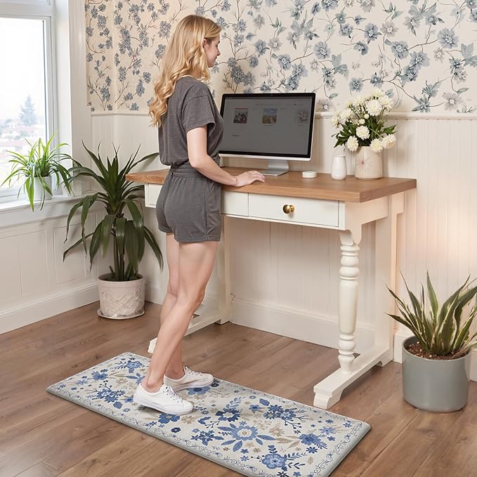 GENIMO Anti Fatigue Kitchen Mats for Floor 2PCS, Cushioned Standing Mats | 17.3"x47"&17.3"x30", Beige Blue vintage floral rug set, waterproof, non slip, easy-clean for farmhouse