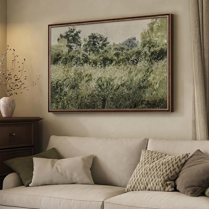 Large Framed Vintage Wall Art, Modern Farmhouse Green Botanical Landscape Canvas Painting Prints, Rustic Cottage Core Nature Flower Meadow Picture for Living Room Bedroom Kitchen Wall Decor, 24x36 In