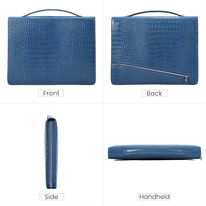 Croc-Embossed Leather Portfolio Binder with Handle, 13 inch Padfolio Holder, Professional Executive Resume Folder for Men & Women, Zippered Business Organizer, Navy Blue
