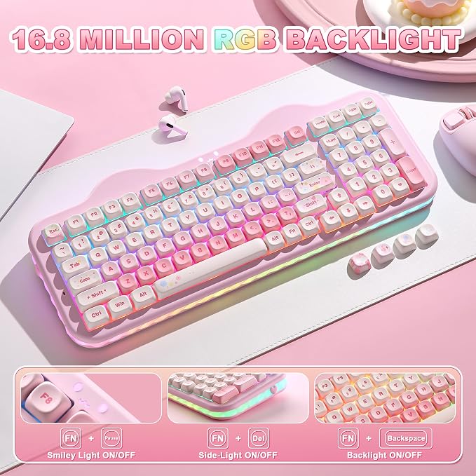 YUNZII C98 Wireless Mechanical Keyboard with Number Pad,99 Key BT5.0/2.4G/USB-C Hot Swap Gasket Mount with PBT MOA Keycaps,Custom RGB,Cute Cake Keyboard for Win/Mac (Pink, Candy Linear Switch)