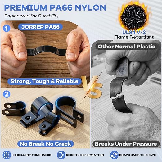 JORREP 322PCS R-Type Cable Clips, 3/16 to 1 in, 6 Sizes for Wire Management | PA66 Nylon, 3/16" 1/4" 3/8" 1/2" 3/4" 1", With screws, For office, garage, yard and auto wire setup, Easy to install