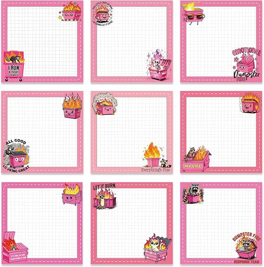 Funny Sticky Notes Gifts - 9 Pack Pink Dumpster on Fire Notepads for Work 3x3 Inch, Everything is Fine Self-Adhesive Memo Pads, Work Gag Office Supplies Gifts for Coworkers (450 Sheets)