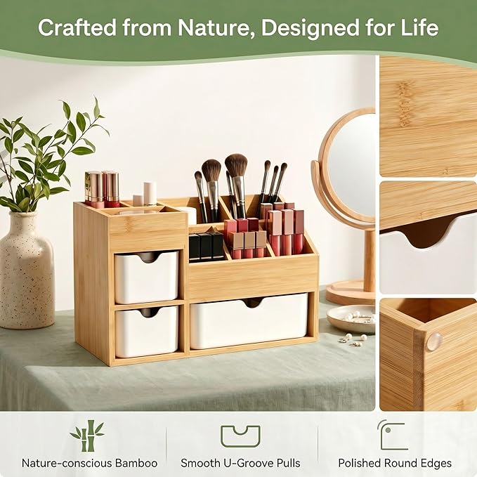 Bamboo Makeup Organizer with 3 Drawers & Adjustable Dividers, Desk Cosmetic Storage Box, Vanity Countertop Organizer for Bathroom, Office, Bedroom, Natural Bamboo Color (11.5x5.4in)