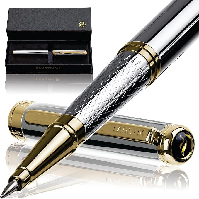 FANSTIK Customized Silver & Gold Luxury Rollerball pen, fancy gift set for women, Real 24K Gold Plating, Professional executive pen gift set for men (Lux Custom-Rollerball Silver-Gld)