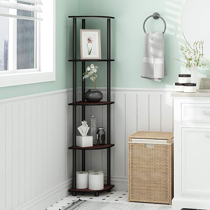 Furinno TURN-N-TUBE Corner Shelf, 5-Tier Corner Bookshelf, Open Storage Shelves, for Organization and Storage, Living Room, Home Office, Garage, Bedroom, Dark Cherry