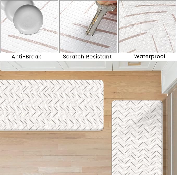 KIMODE Anti Fatigue Kitchen Mat, Boho Kitchen Rugs Sets of 2, Cushioned Kitchen Floor Mats Non Slip, Waterproof Comfort Foam Standing Desk Mat for Laundry, Office, Sink, Light Brown/Beige