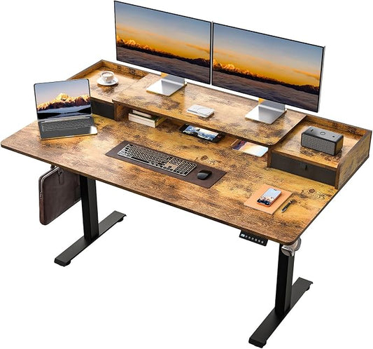 63 x 30 Inch Electric Standing Desk with 2 Drawers, Adjustable Height Widened Stand Up Desk with Storage, Sit to Stand Ergonomic Workstation for Home Office, Rustic Brown