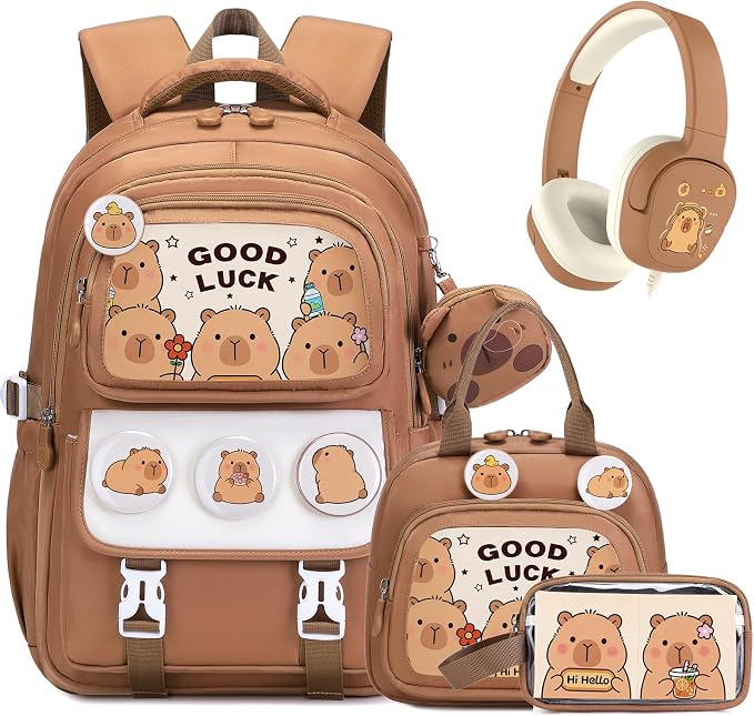 Capybara Backpack for Girls with Headphones - 4PCS Girls Backpack for Kindergarten Elementary Middle High School Travel - 3.5mm Wired Headphones Backpacks Back to School Gift(Brown)