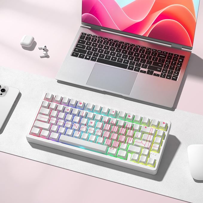 Cherry Profile PBT Keycaps, Heart Design Custom Keycap Set with Dye Sublimation, Side Printed Key Caps Suitable for Cherry Gateron MX Switches Mechanical Keyboard & 130 pcs - White