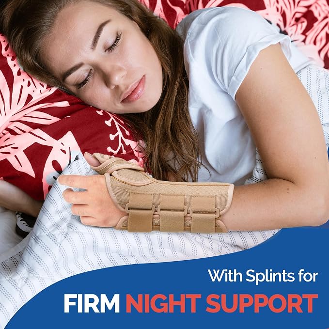 FEATOL Carpal Tunnel Wrist Brace Night Support, Thumb Spica Splint Right Hand for De Quervains Tenosynovitis, Tendonitis, Thumb Brace for Women Men, Beige, Small/Medium