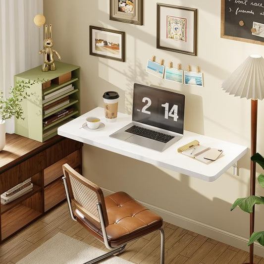Dogsky Floating Wall Desk, 36" x 14" Wall Mounted Folding Table, Pine Wood Fold Down Wall Table, 200 lb Capacity Wall Mount Desk for Small Apartment, Laundry Room,Kitchen,Bar & Computer Use, White