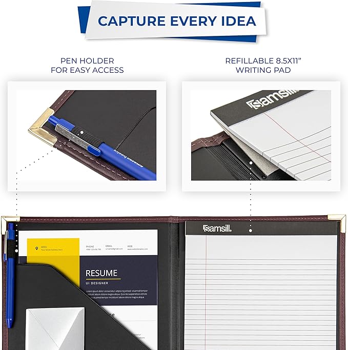 Samsill Classic Collection Business Portfolio - Executive Padfolio for Resume & Document Organizer - 8.5 by 11-Inch Legal Pad, Faux Leather with Brass Corners (Burgundy)