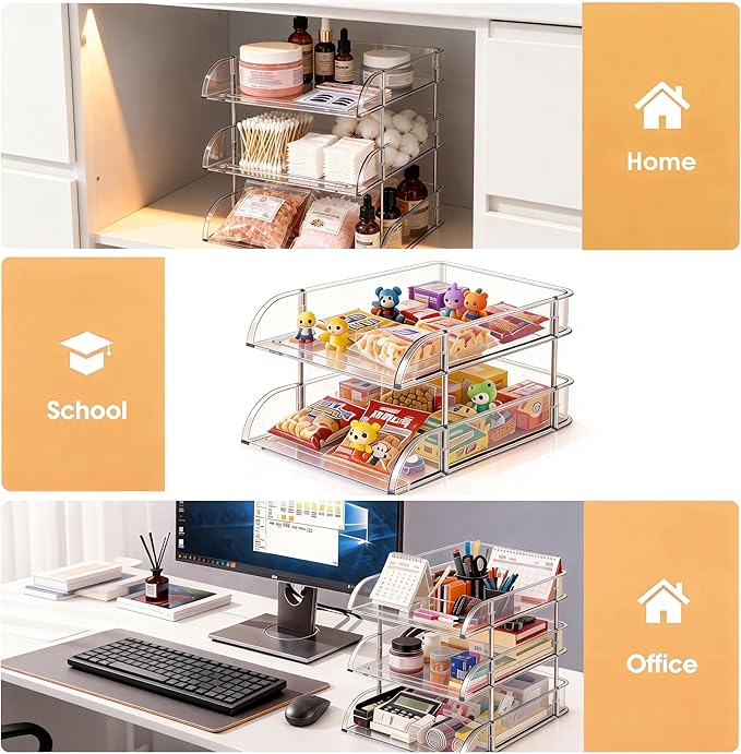 Desk Organizer and Storage,3-Tier File Paper Tray Organizers,Stackable Clear Desktop Organizer for Documents,Book Magazine Storage,Office Supplies (Clear,3 Pack)