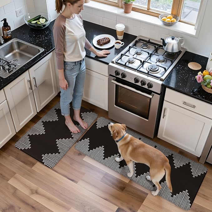 KIMODE Anti Fatigue Kitchen Mats for Floor, Black Diamond Kitchen Rugs Sets of 2, Kitchen Floor Mats Cushioned Non Slip, Memory Foam Standing Mats for Laundry Office Sink Desk 20"x47"+20"x32"