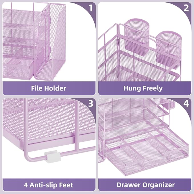 Marbrasse 4-Tier Paper Tray Organizer with Drawer and Pen Holder, Purple | Metal Mesh Desk Organizer, Built-in Drawer & 2 Pen Slots, fits letters/Files, for School Home Office Supplies