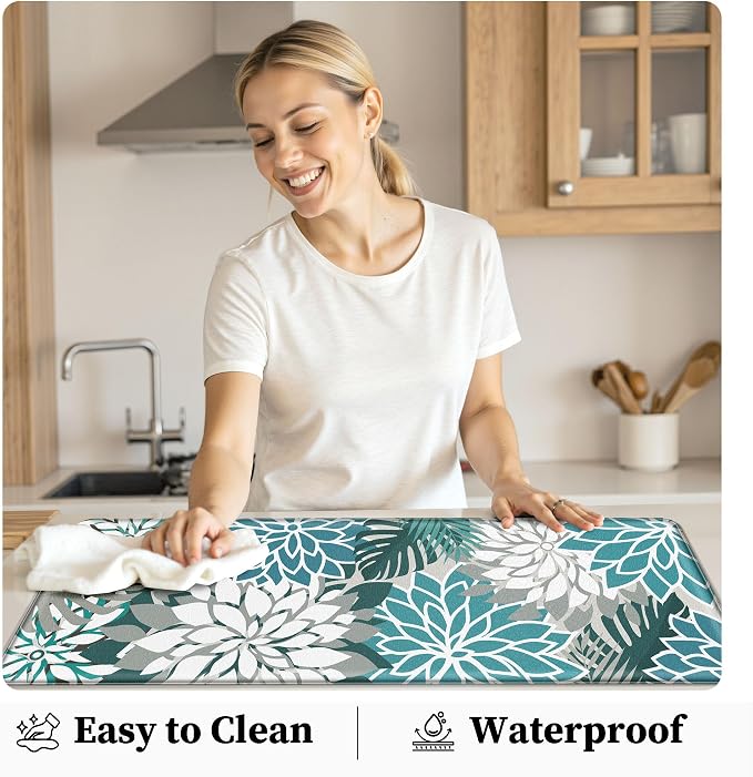 Arenarug Kitchen Mats for Floor 2PCS Cushioned Anti Fatigue Kitchen Mats Waterproof Non Slip Kitchen Mat Rug Set Comfort Foam Standing Mat for Sink, Laundry, Office,17.3" x 28" + 17.3" x 59", Teal
