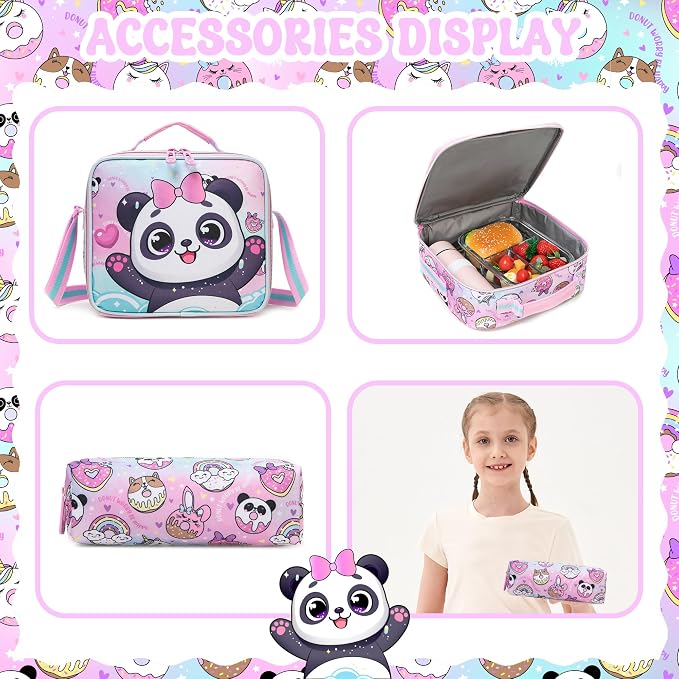 Meetbelify Backpack for Girls Cute Panda School Bag with Lunch Box for Elementary Student Kids Bookbag for Girls 8-10