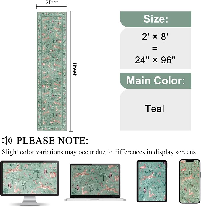 DUKINO Runner Rug, 2x8 Washable Kitchen Rugs for Hallways with Non Slip Backing, Soft Low Pile Vintage Animal Runner for Kitchen, Hallway, Entryway, Laundry, Bedroom, Teal