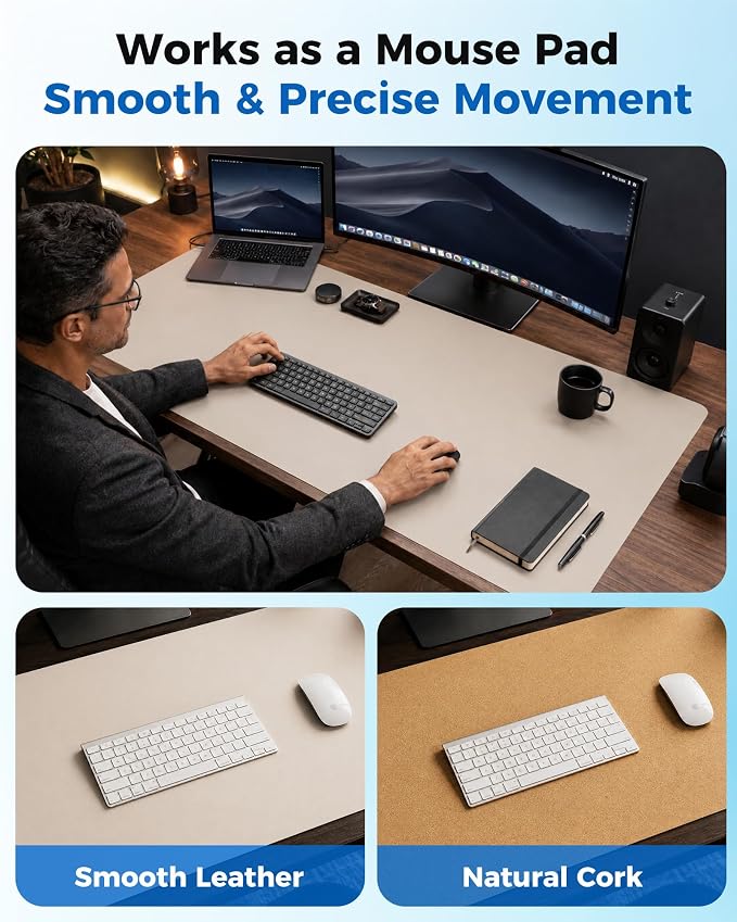 Aothia Dual-Sided Desk Mat, FSC Cork & PU Leather Desk Pad, Large Mouse Pad & Writing Surface for Full Desk Coverage, Non-Slip Waterproof Desk Protector - 47" x 23.6", Cream
