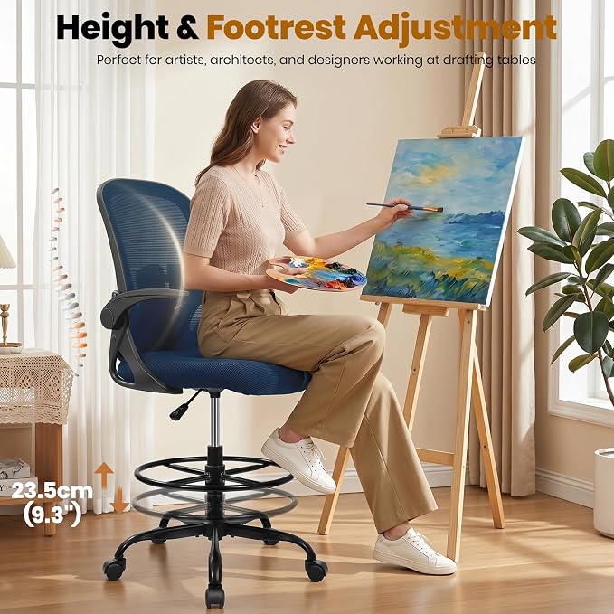 Primy Drafting Chair Tall Office Chair with Flip-up Armrests Executive Ergonomic Computer Standing Desk Chair with Lumbar Support and Adjustable Footrest Ring (Navy)