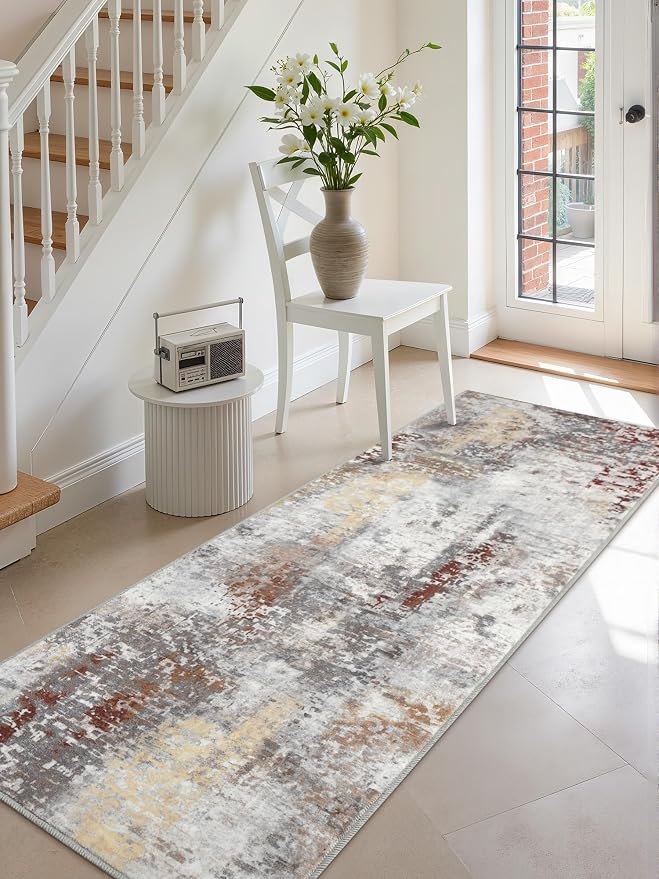 Macgace Washable Abstract Runner Rug, 2x6 Modern Area Rugs with Non-Slip Rubber Backed for Kitchen, Thin but Soft Contemporary Carpet Bedroom Entryway Hallway Decor, Rusty Brown
