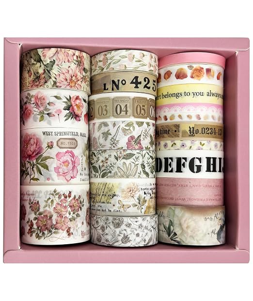Roses Washi Tape Set 21 Rolls，Decorative Floral Botanical Writable for Scrapbooking, Junk Journal Supplies, Bullet Journaling, Planner, DIY Arts Crafts