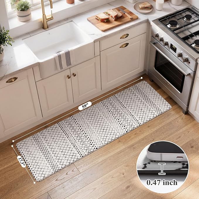 KIMODE Kitchen Runner Rug,17.3" x 59" Anti Fatigue Kitchen Mats for Floor Cushioned,Non-Slip Waterproof Comfort Thick Kitchen Floor Standing Mat for Front Sink,Laundry Room,Black and White