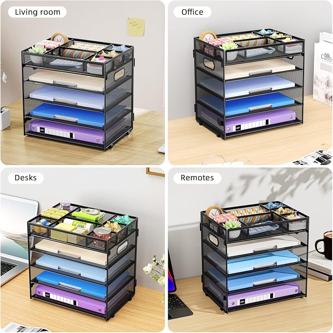 Marbrasse 5 Tier Paper Organizer, Mesh Desk Letter Tray with Handle,Black | Paper Sorter Desk Organizer for Letter/A4 Office File Folder Holder Home Office Supplies
