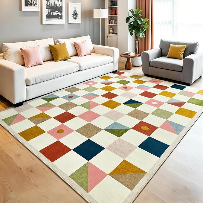 Terrug Multicolored Geometric Checkered Rug for Living Room, 5x7 Area Rugs Washable with Non Slip for Bedroom, Soft Low Pile Stain Resistance Carpet for Dinning Room