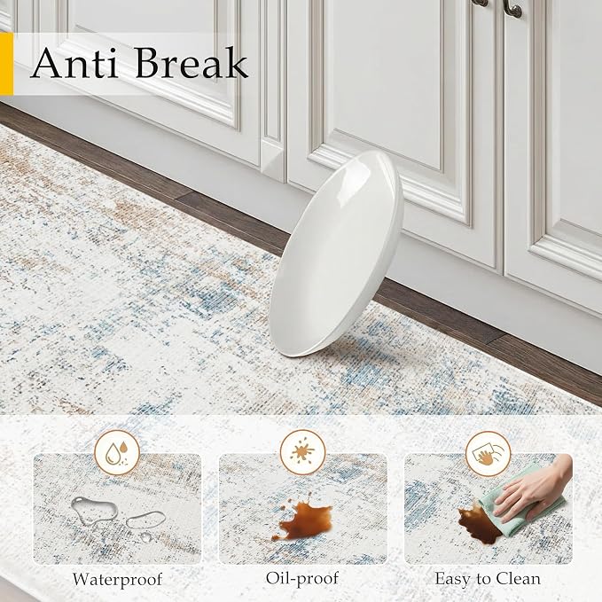 Kitchen Mats for Floor Set of 2 Anti Fatigue Waterproof Kitchen Rug Beige Blue Abstract Cushioned Non-Slip Kitchen Mats Comfort Standing Neutral Mat for Sink Laundry Office 17.3"×47"+17.3"×30"