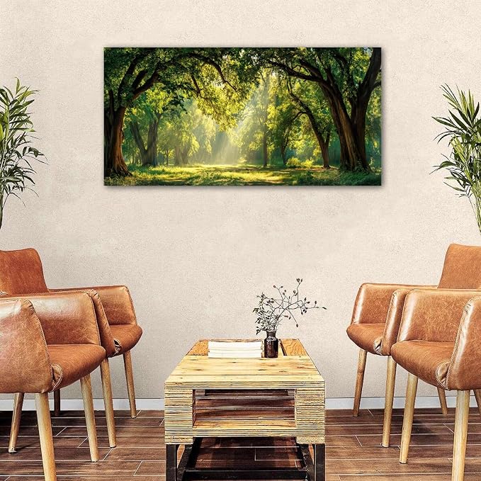 Forest Canvas Wall Art for Living Room Nature Landscape Pictures Wall Decor Sunrise Green Woodland Prints Poster Sunlight Trees Scenery Photography Artwork for Bedroom Office Home Decoration 24x48"