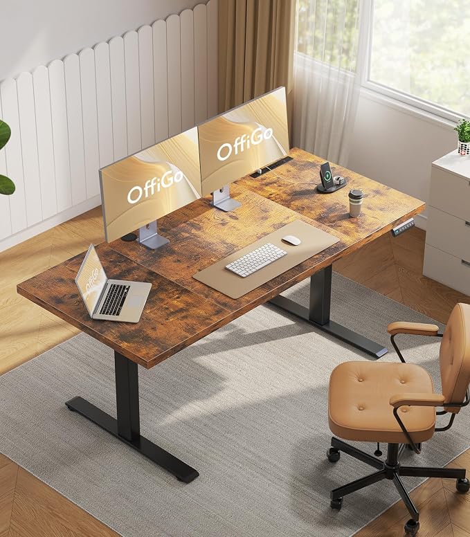 OffiGo 71" Executive Electric Standing Desk Height Adjustable, Rustic Brown | 1.38" Thick 3-Panel Desktop, Power Outlets, 3 Memory Presets, Dual-Beam Frame for Home Office, Workstation, Conference Room